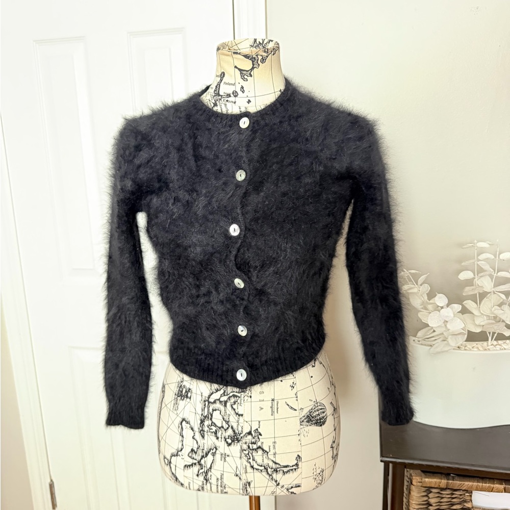 Adrienne Vittadini Vintage angora rabbit hair Fuzzy Cardigan crop brush Black S